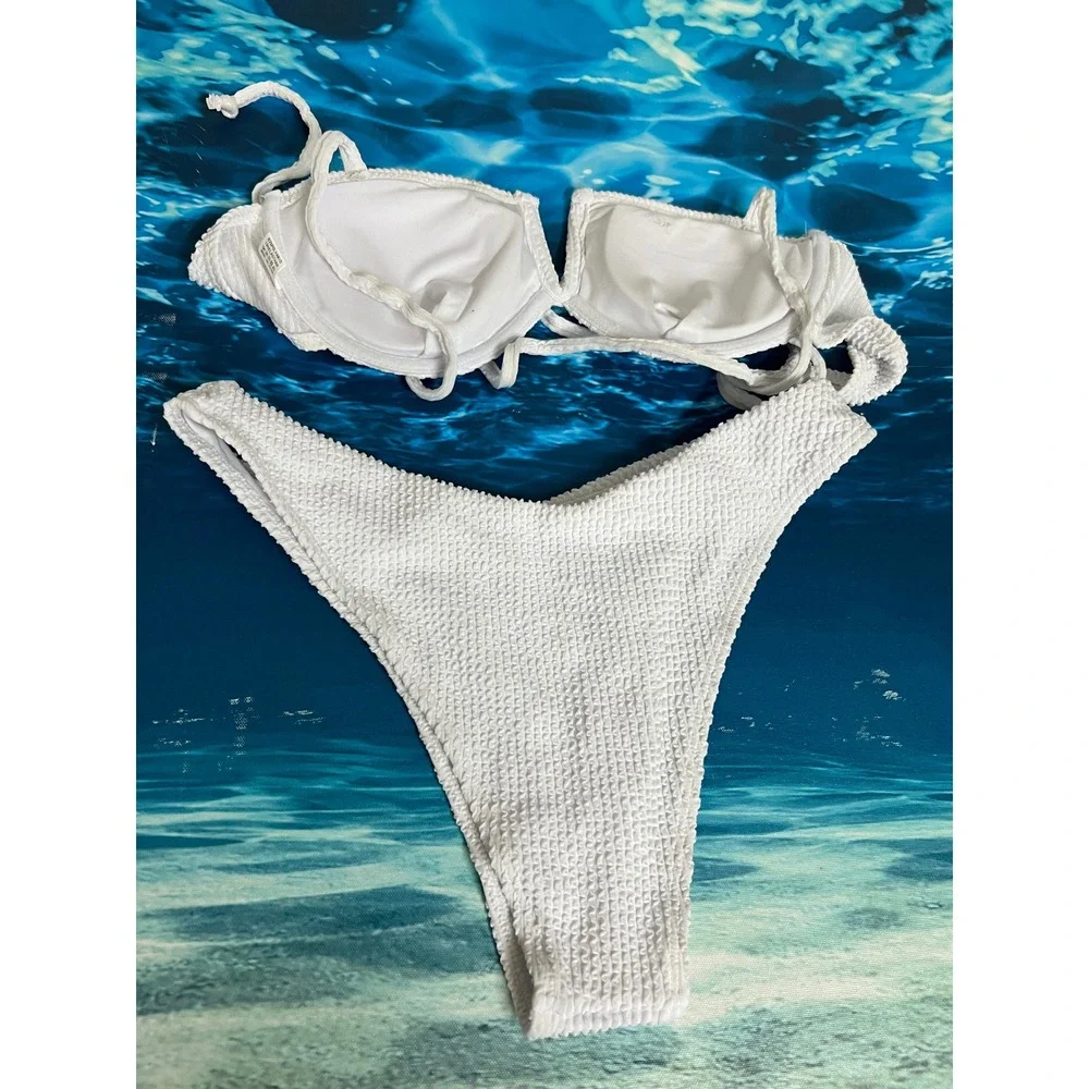 ☀️White Smocked Underwire Bikini Set High Cut Cheeky Two Piece Swimsuit
